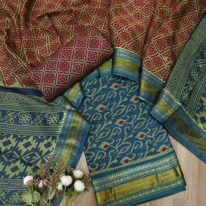 Haniya Spruce Blue Printed with Mangalgiri Hem Work Cotton Suit Set