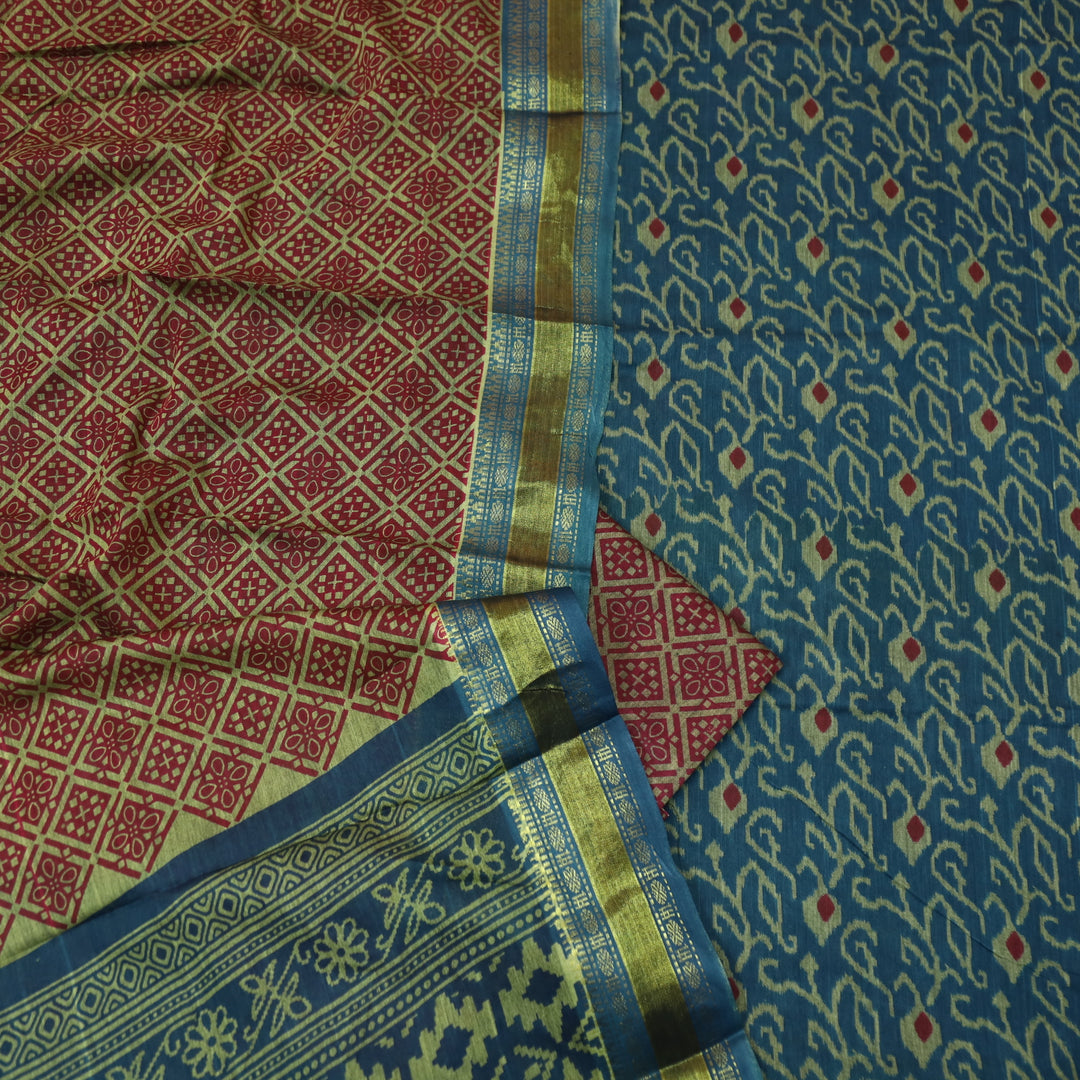 Haniya Spruce Blue Printed with Mangalgiri Hem Work Cotton Suit Set
