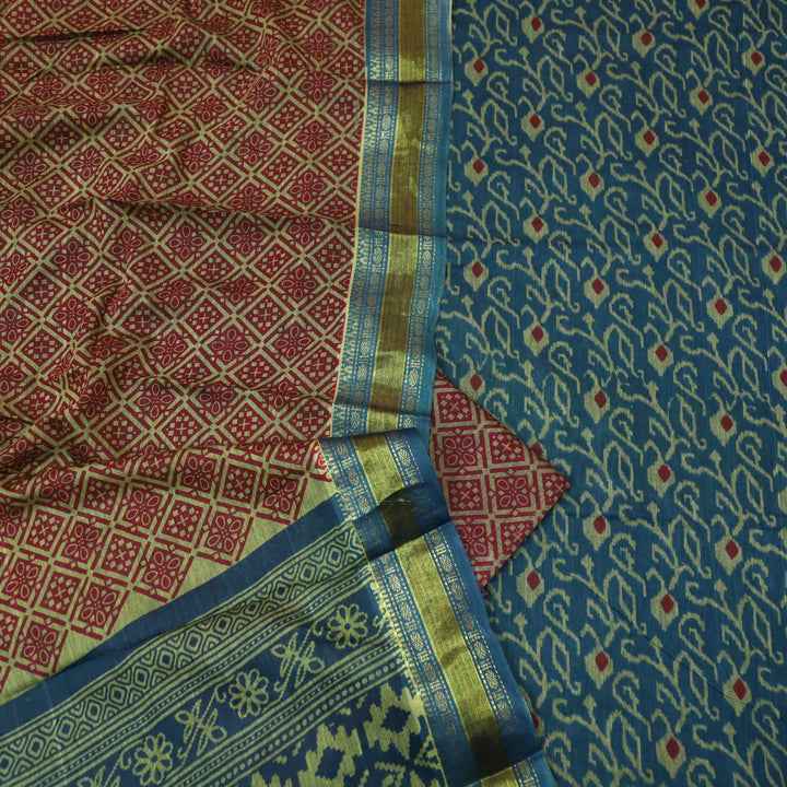 Haniya Spruce Blue Printed with Mangalgiri Hem Work Cotton Suit Set