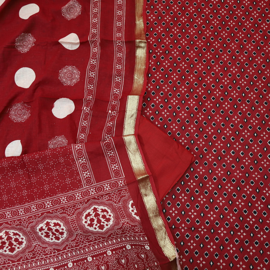 Raina Berry Red Printed with Mangalgiri Hem Work Cotton Suit Set