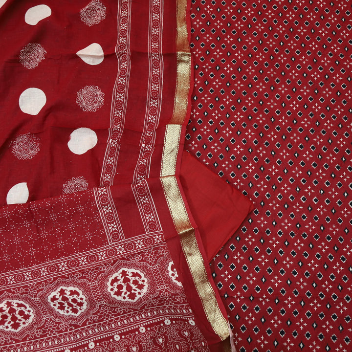 Raina Berry Red Printed with Mangalgiri Hem Work Cotton Suit Set