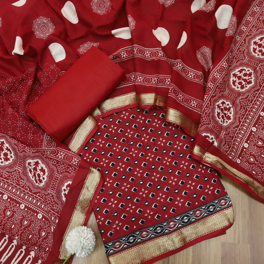 Raina Berry Red Printed with Mangalgiri Hem Work Cotton Suit Set