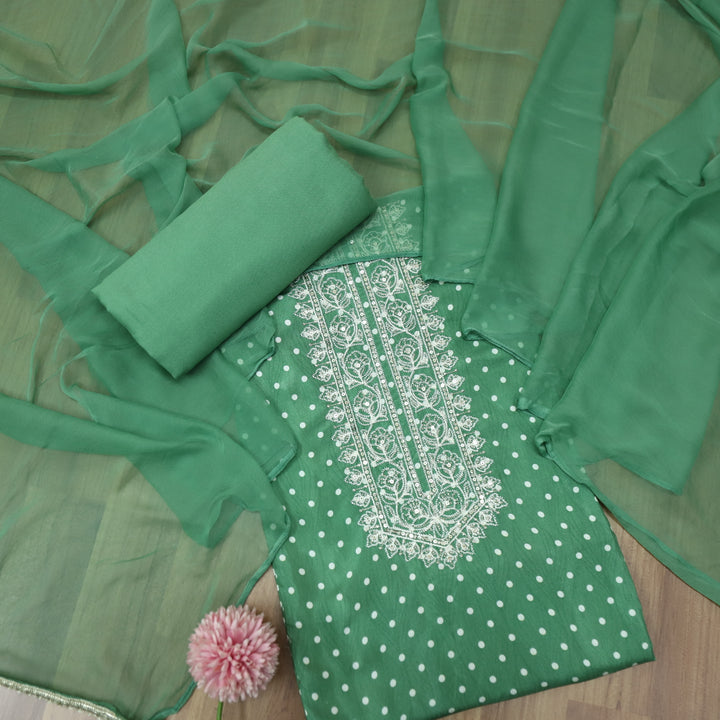 Newari Cyan Ocean Polka Dot Print with Zari and Thread Detailing Muslin Suit Set