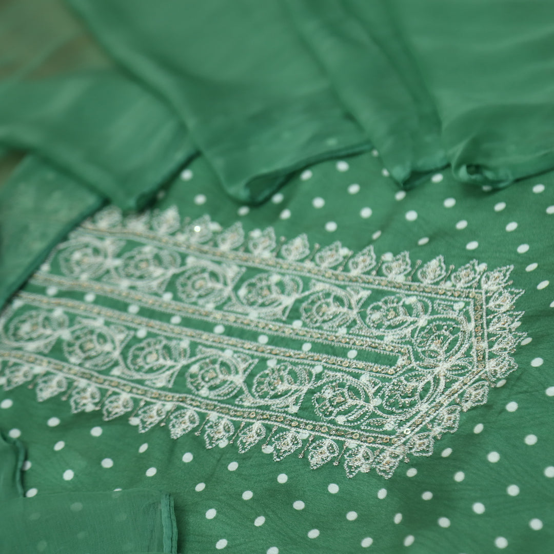 Newari Cyan Ocean Polka Dot Print with Zari and Thread Detailing Muslin Suit Set