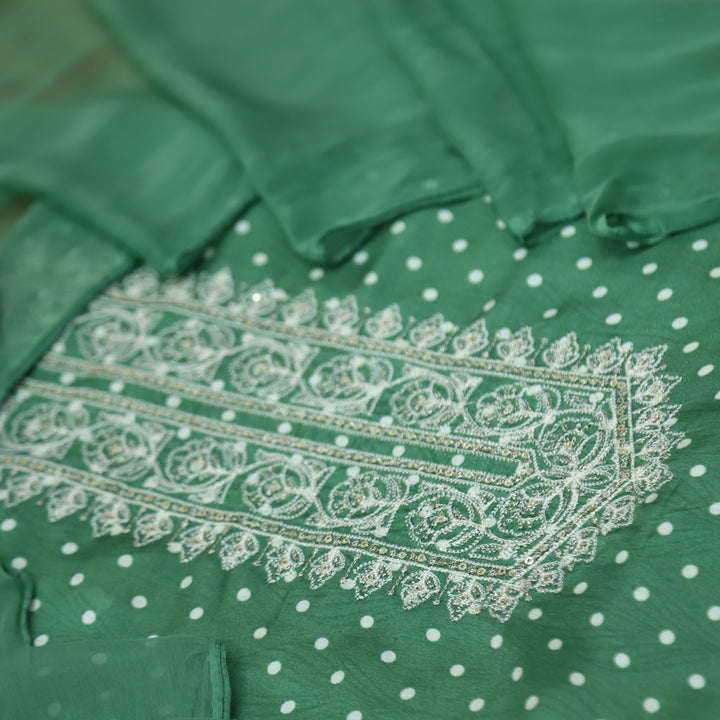 Newari Cyan Ocean Polka Dot Print with Zari and Thread Detailing Muslin Suit Set