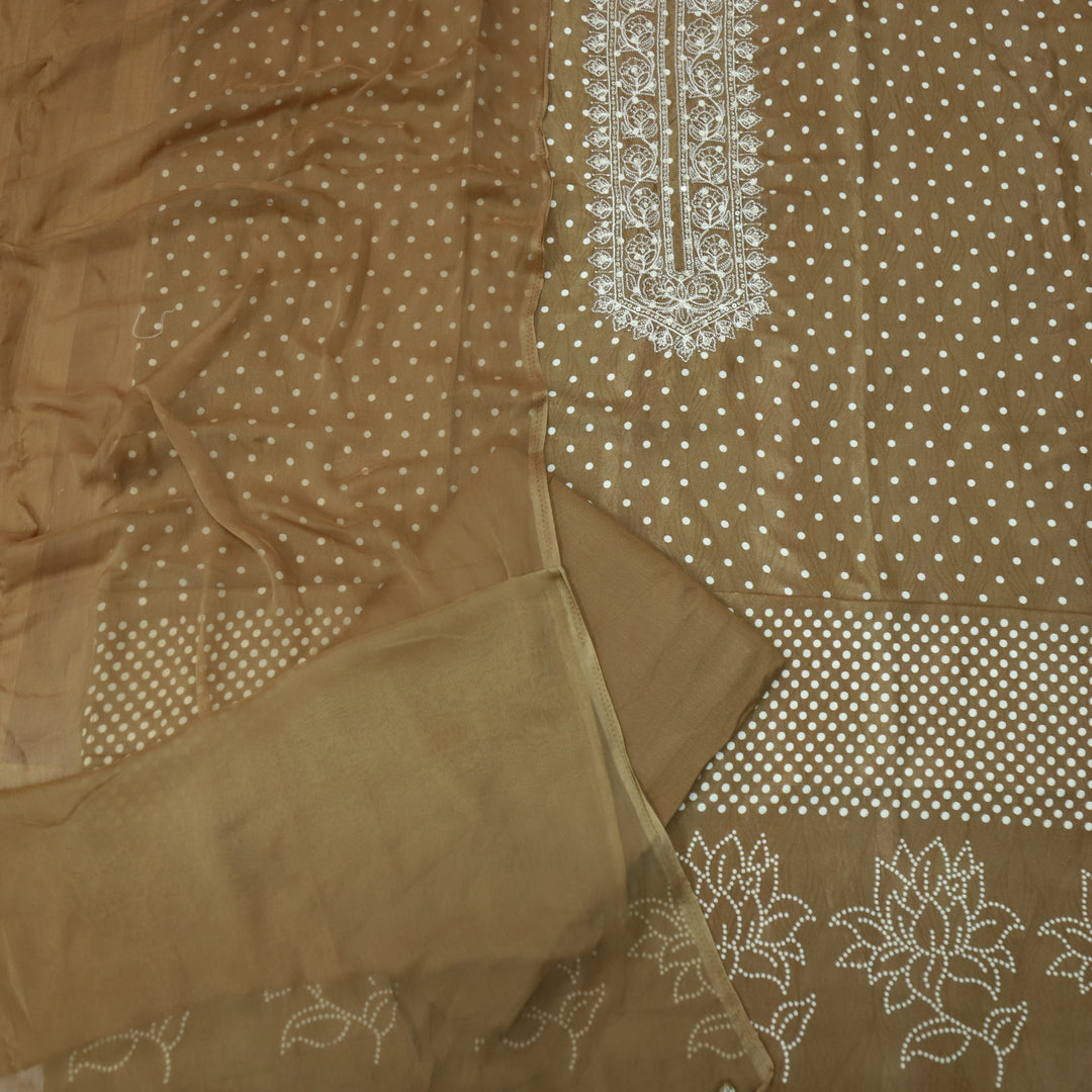 Newari Peanut Brown Polka Dot Print with Zari and Thread Detailing Muslin Suit Set