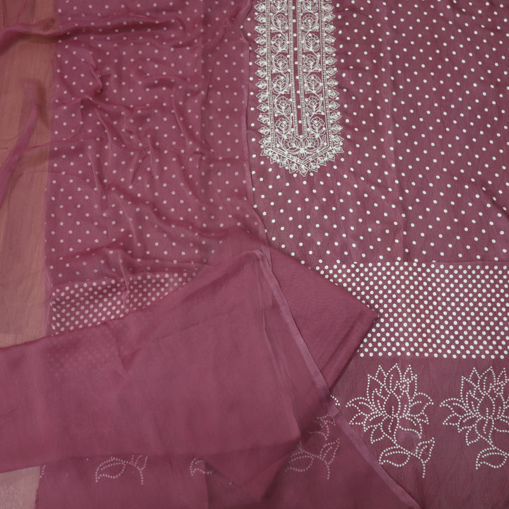 Newari Mulberry Purple Polka Dot Print with Zari and Thread Detailing Muslin Suit Set