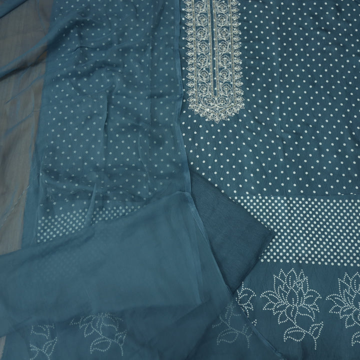 Newari Sapphire Blue Polka Dot Print with Zari and Thread Detailing Muslin Suit Set