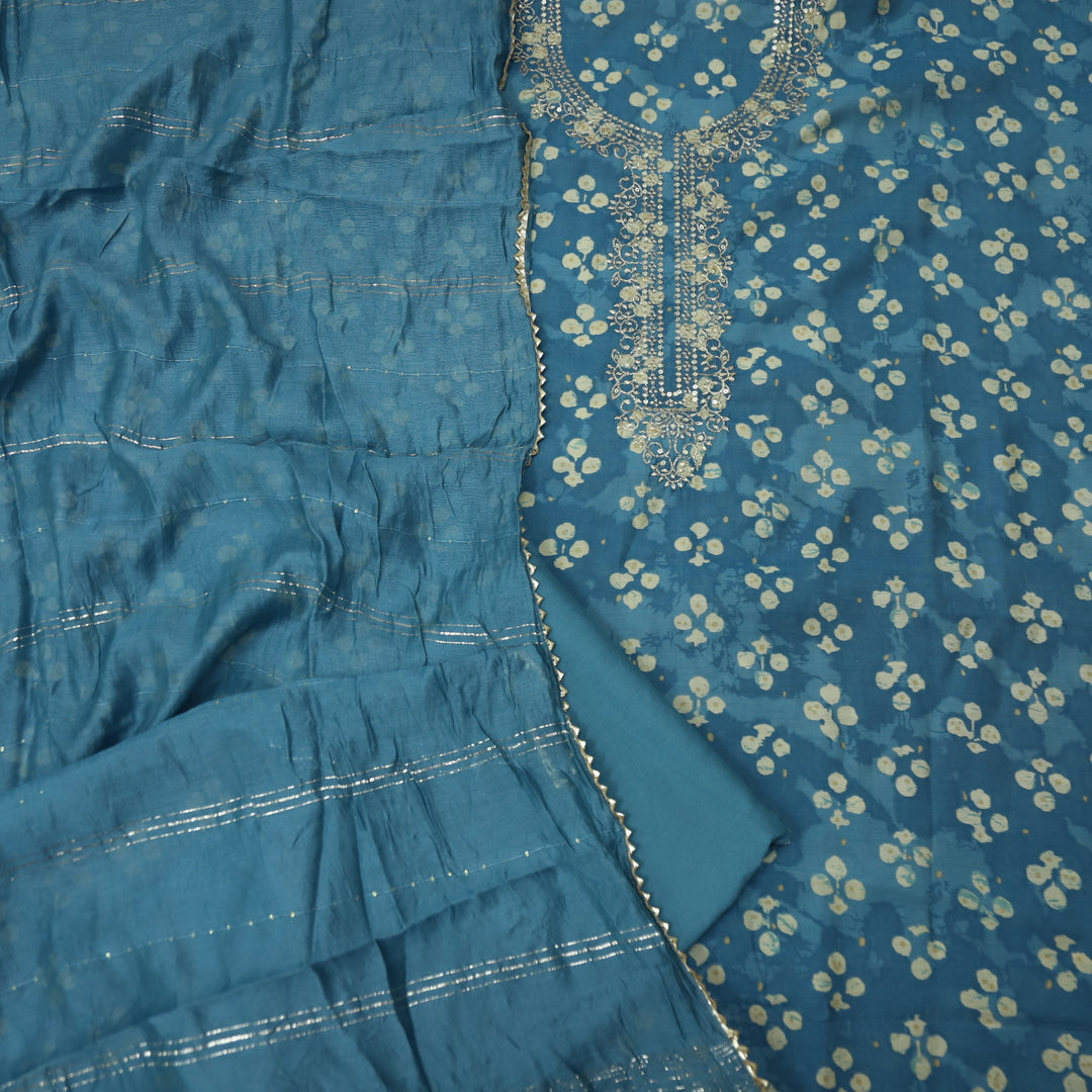 Sajna Cerulean Blue Embellish Zari Neck Work Floral Print Modal Suit Set