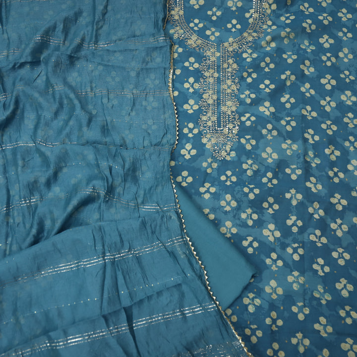Sajna Cerulean Blue Embellish Zari Neck Work Floral Print Modal Suit Set