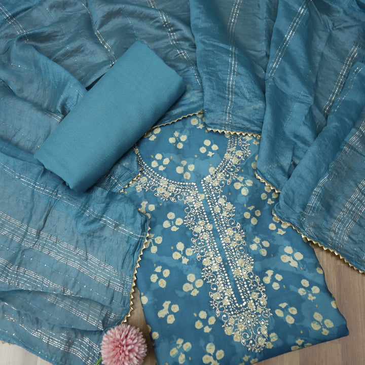 Sajna Cerulean Blue Embellish Zari Neck Work Floral Print Modal Suit Set