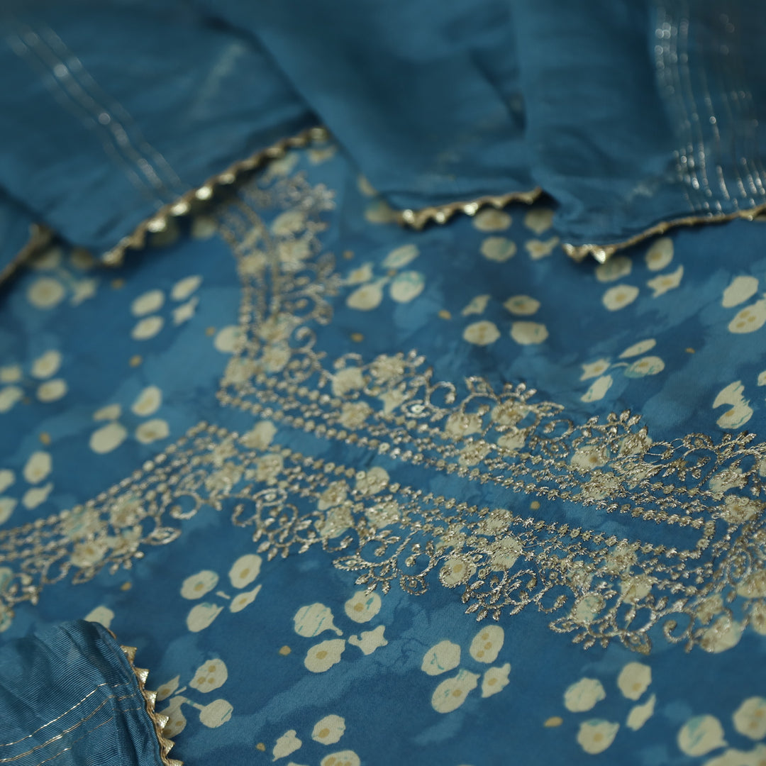 Sajna Cerulean Blue Embellish Zari Neck Work Floral Print Modal Suit Set