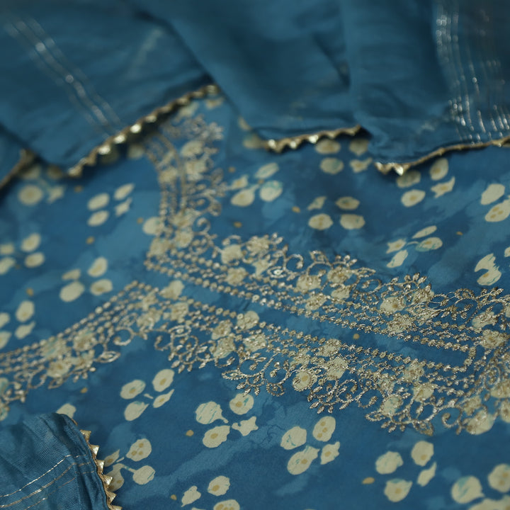 Sajna Cerulean Blue Embellish Zari Neck Work Floral Print Modal Suit Set