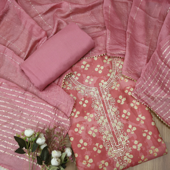 Sajna Mauve Pink Embellish Zari Neck Work Floral Print Modal Suit Set