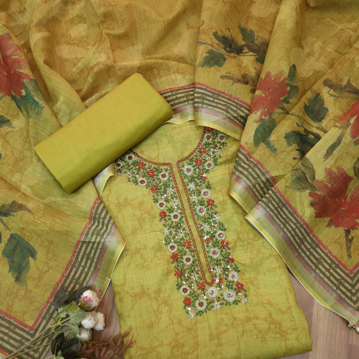 Fanaa Mustard Yellow Thread Embroidered Work Cotton Linen Suit Set