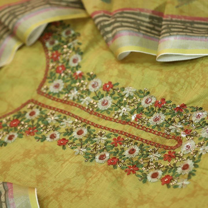 Fanaa Mustard Yellow Thread Embroidered Work Cotton Linen Suit Set