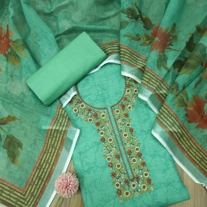 Fanaa Aqua Cyan Thread Embroidered Work Cotton Linen Suit Set