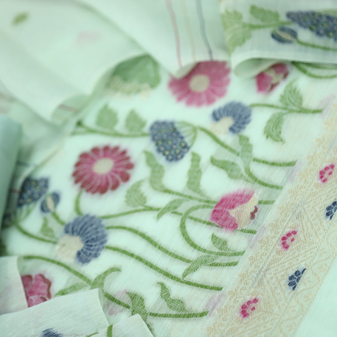 Faasla Sea Ocean Blue Floral Authentic Jamdani Weaved Hem Suit Set