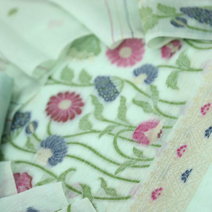 Faasla Sea Ocean Blue Floral Authentic Jamdani Weaved Hem Suit Set