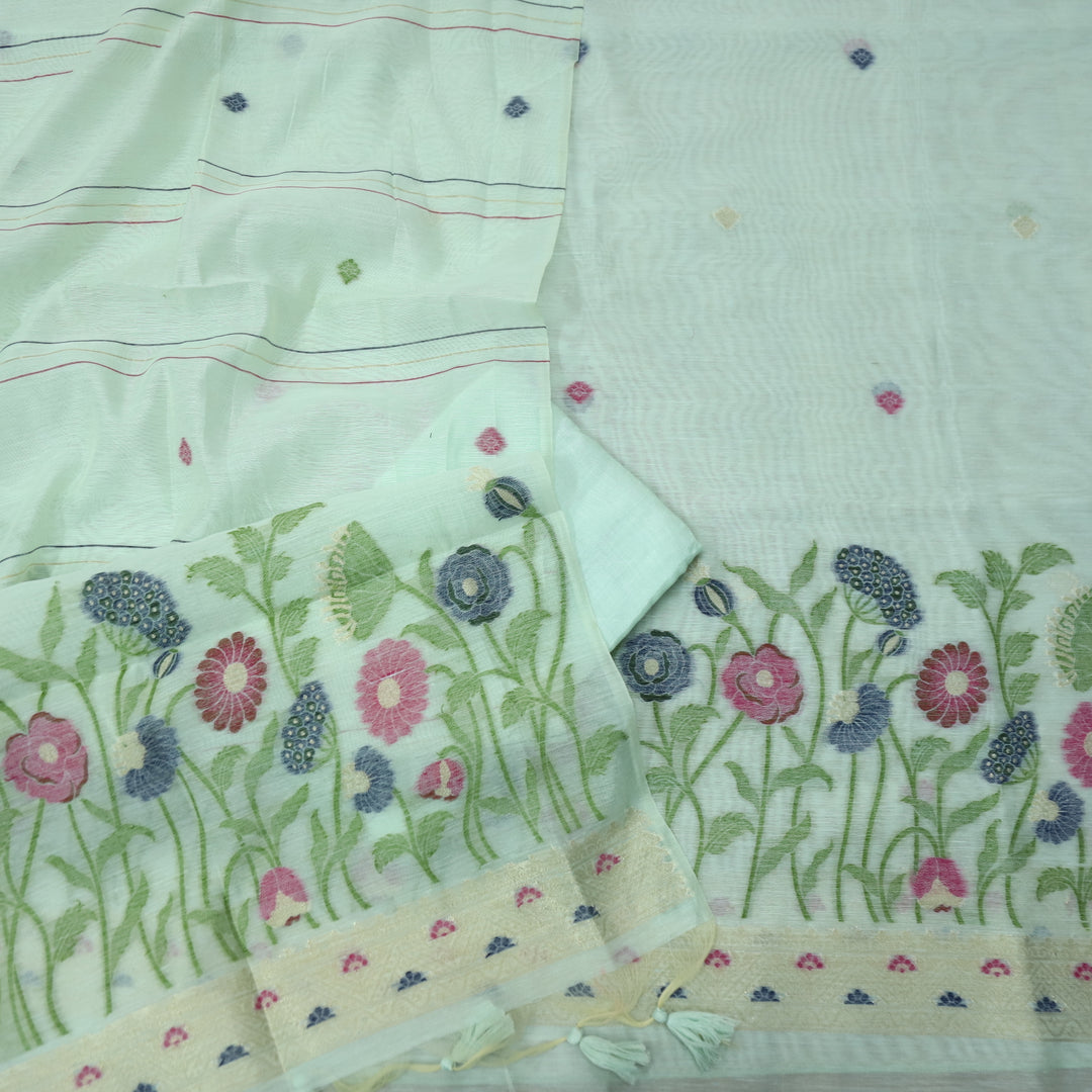 Faasla Sea Ocean Blue Floral Authentic Jamdani Weaved Hem Suit Set