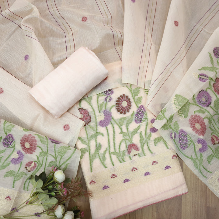 Faasla Soft PInk Floral Authentic Jamdani Weaved Hem Suit Set