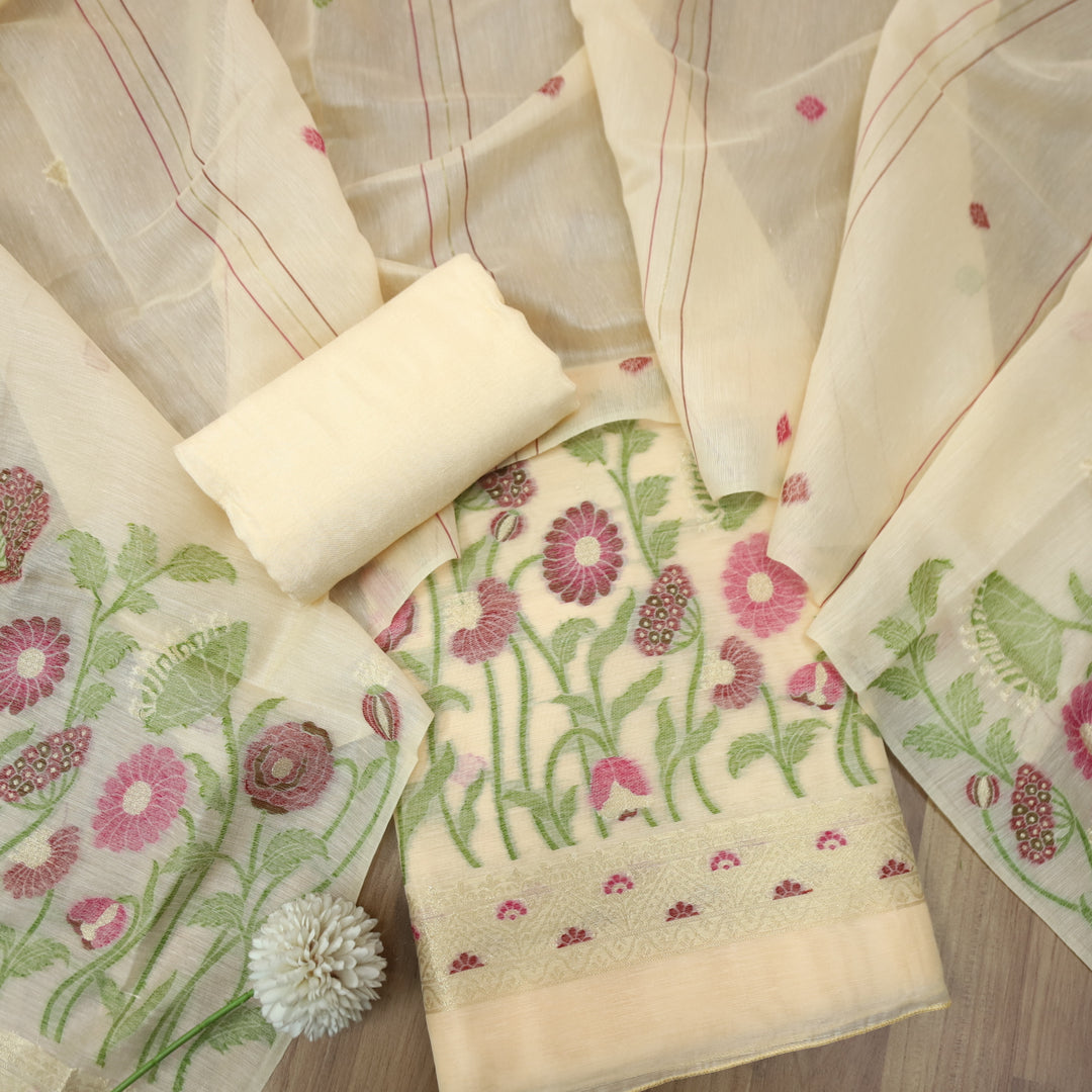 Faasla Pastel Peach Floral Authentic Jamdani Weaved Hem Suit Set