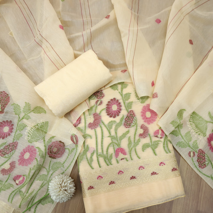 Faasla Pastel Peach Floral Authentic Jamdani Weaved Hem Suit Set