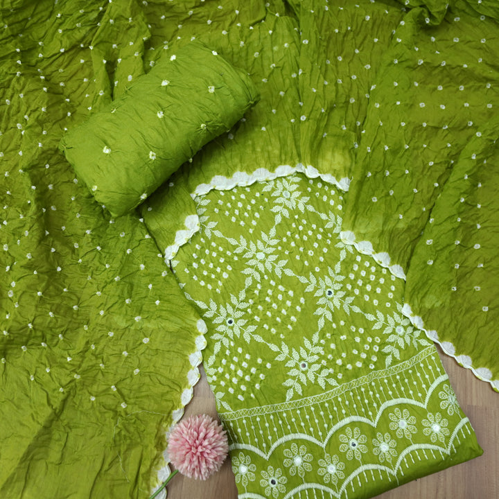Bandegi Parrot Green All Over Authentic Bandhej Work Cotton Suit Set