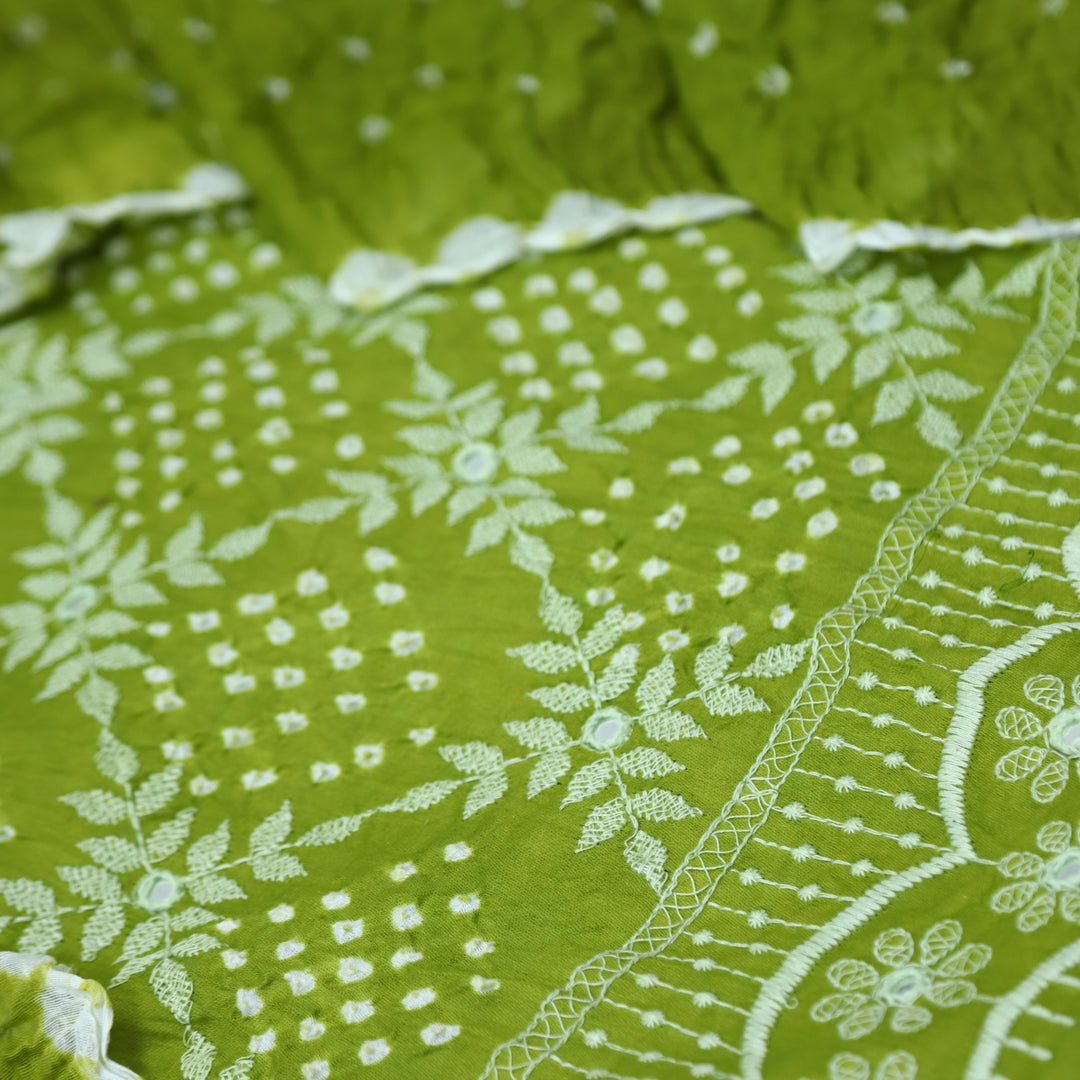 Bandegi Parrot Green All Over Authentic Bandhej Work Cotton Suit Set