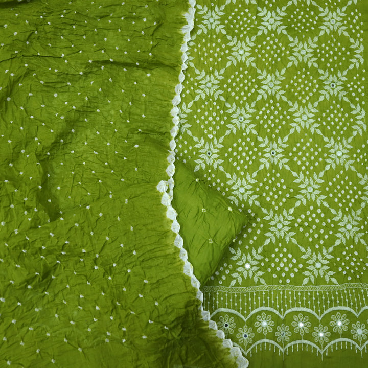 Bandegi Parrot Green All Over Authentic Bandhej Work Cotton Suit Set