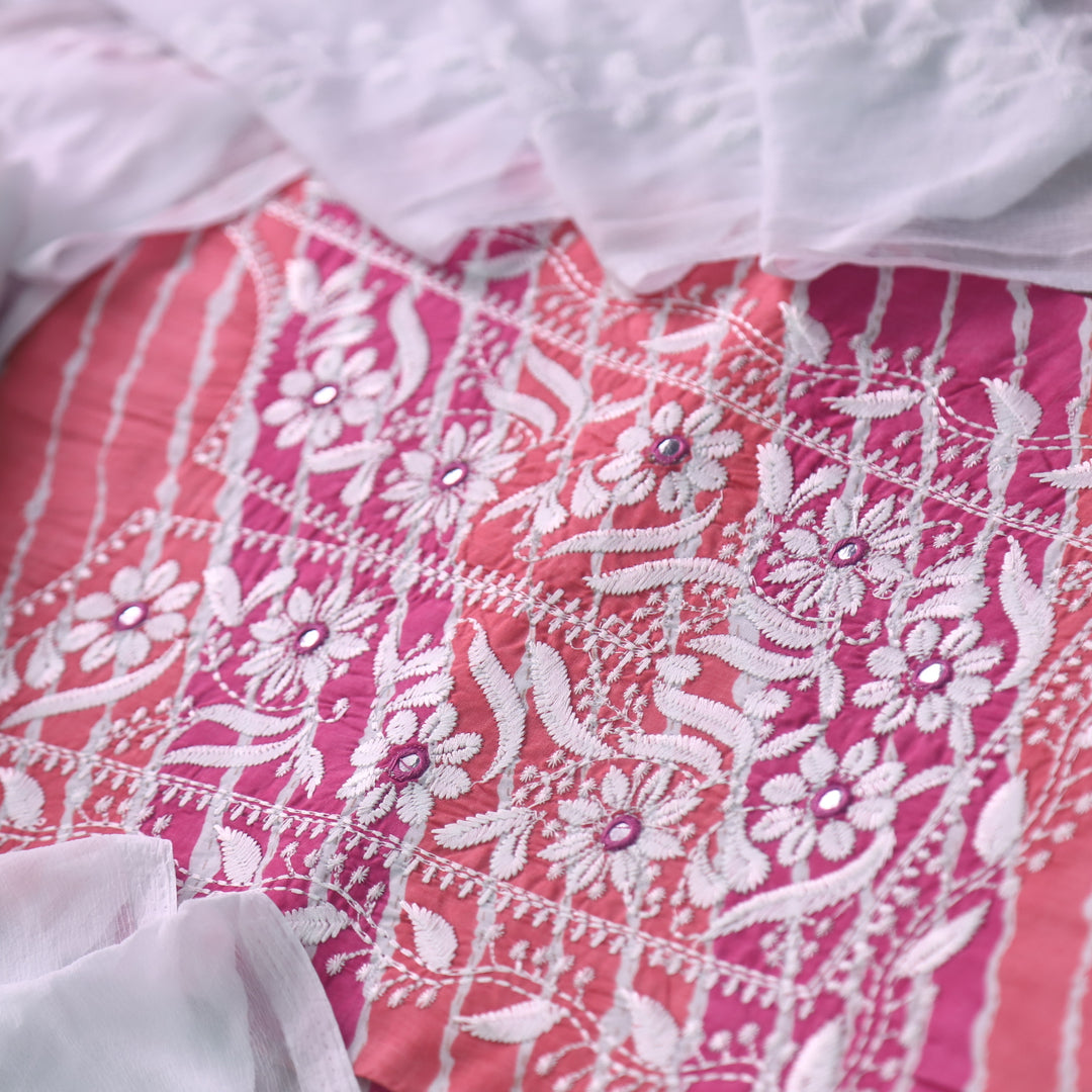 Sufna Orange and Pink Leheriya Print Thread Embroidered Work Neck Cotton Suit Set