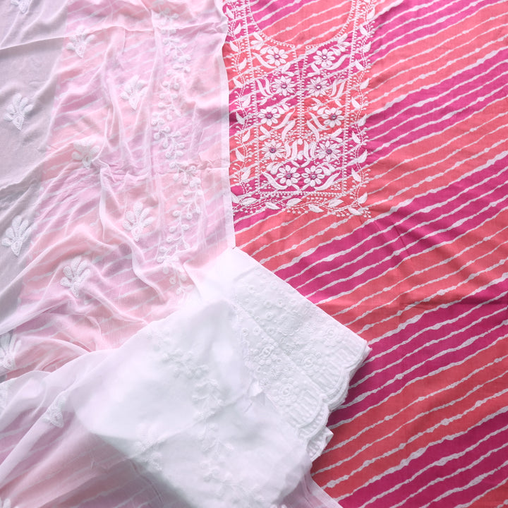 Sufna Orange and Pink Leheriya Print Thread Embroidered Work Neck Cotton Suit Set