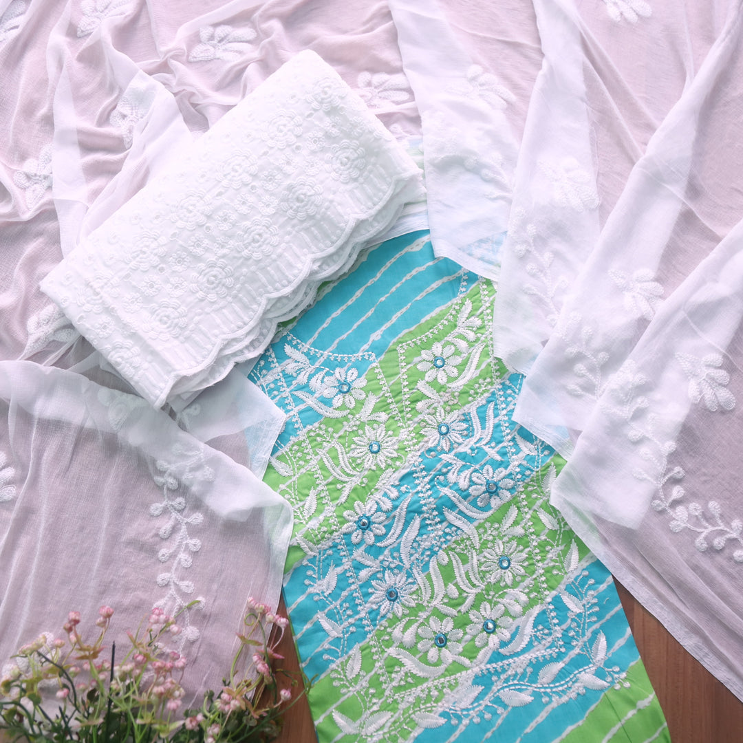 Sufna Blue and Green Leheriya Print Thread Embroidered Work Neck Cotton Suit Set