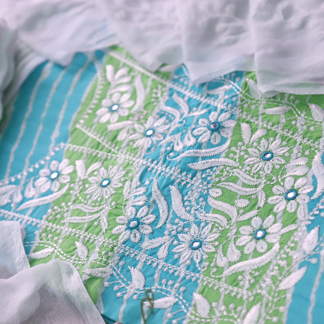 Sufna Blue and Green Leheriya Print Thread Embroidered Work Neck Cotton Suit Set