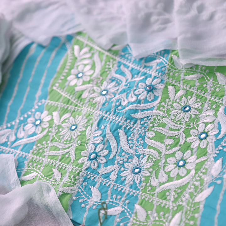 Sufna Blue and Green Leheriya Print Thread Embroidered Work Neck Cotton Suit Set