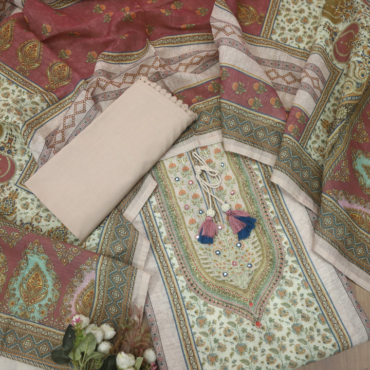 Fanaa Frappe Beige Floral Print with Embellish Neck Work Cotton Linen Suit Set