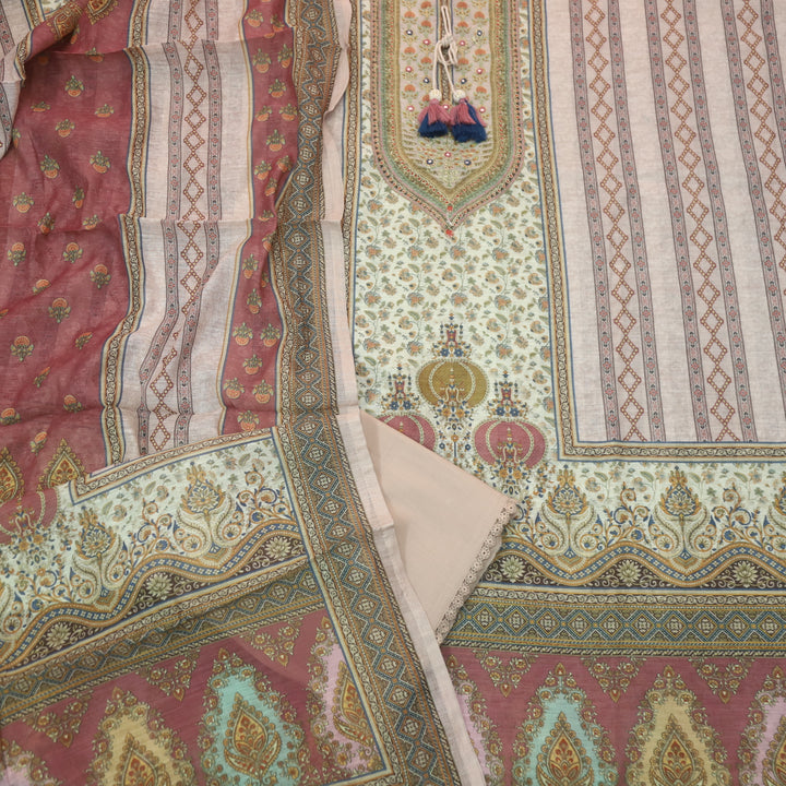 Fanaa Frappe Beige Floral Print with Embellish Neck Work Cotton Linen Suit Set