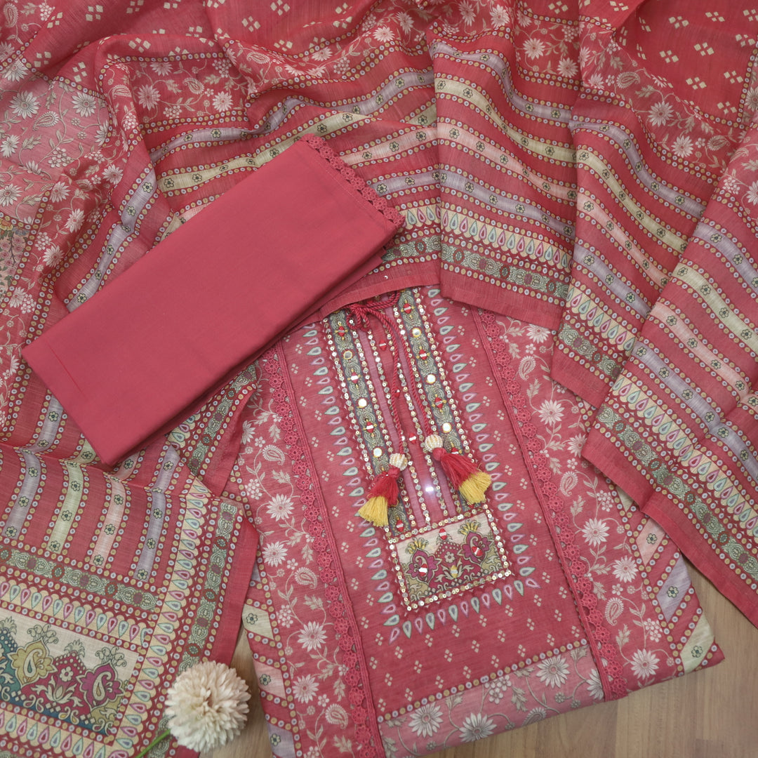 Fanaa Rose Pink Floral Print with Embellish Neck Work Cotton Linen Suit Set
