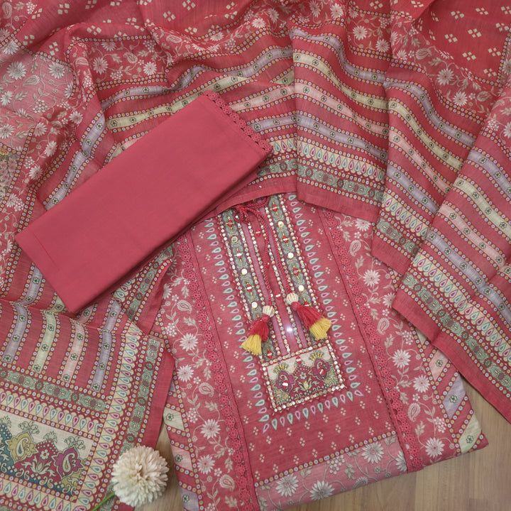 Fanaa Rose Pink Floral Print with Embellish Neck Work Cotton Linen Suit Set