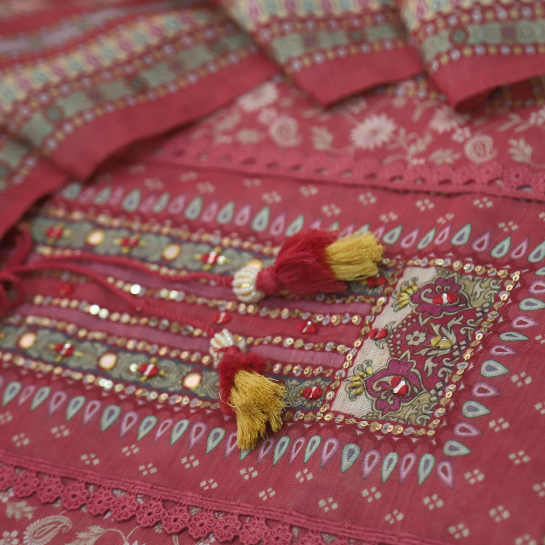 Fanaa Rose Pink Floral Print with Embellish Neck Work Cotton Linen Suit Set