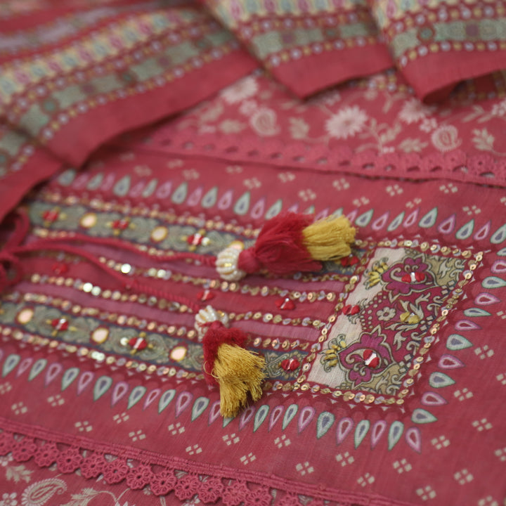Fanaa Rose Pink Floral Print with Embellish Neck Work Cotton Linen Suit Set