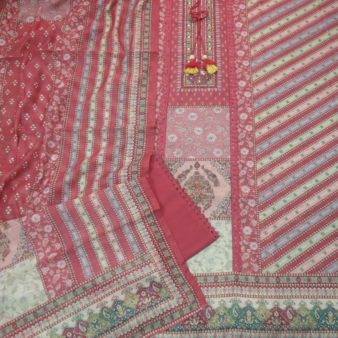 Fanaa Rose Pink Floral Print with Embellish Neck Work Cotton Linen Suit Set