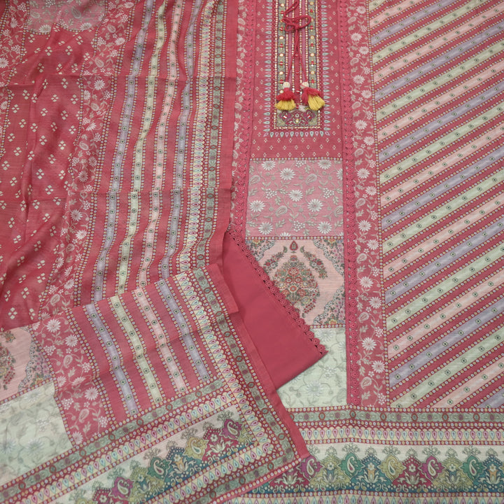 Fanaa Rose Pink Floral Print with Embellish Neck Work Cotton Linen Suit Set