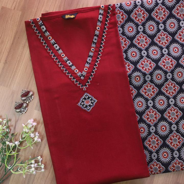 Kush Cherry Maroon V Neck Lace With Thread Work Cotton Flex 2 Piece Set