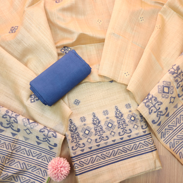 Tejasvi Beige With Royal Blue Authentic Jamdani Weaved Detailing Suit Set