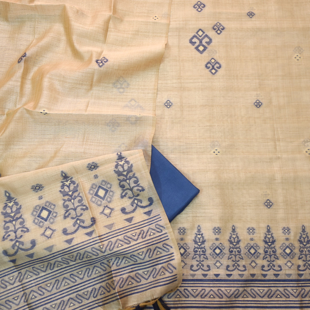 Tejasvi Beige With Royal Blue Authentic Jamdani Weaved Detailing Suit Set