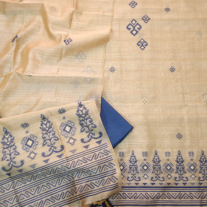 Tejasvi Beige With Royal Blue Authentic Jamdani Weaved Detailing Suit Set