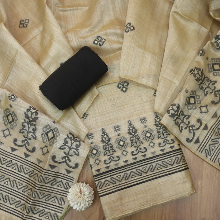 Tejasvi Beige With Black Authentic Jamdani Weaved Detailing Suit Set