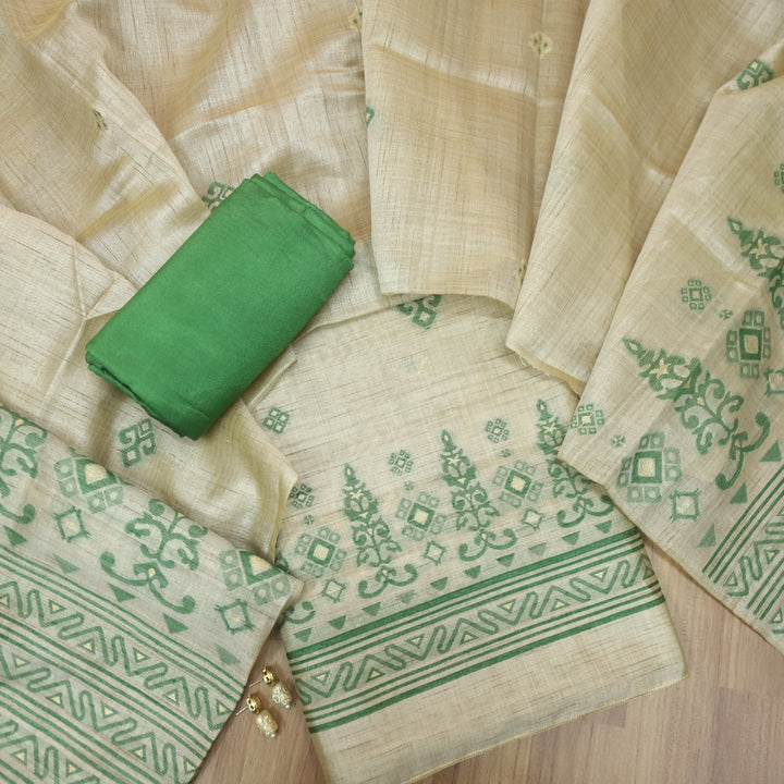 Tejasvi Beige With Green Authentic Jamdani Weaved Detailing Suit Set