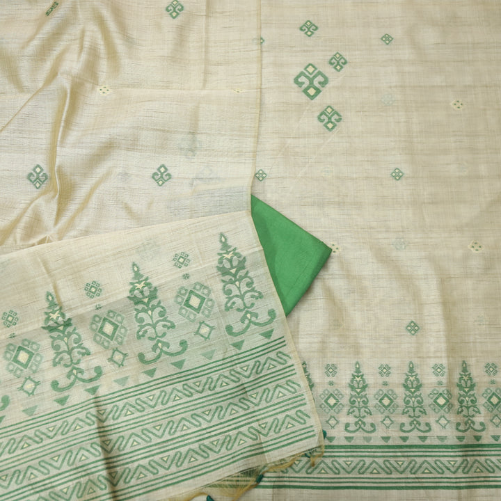 Tejasvi Beige With Green Authentic Jamdani Weaved Detailing Suit Set